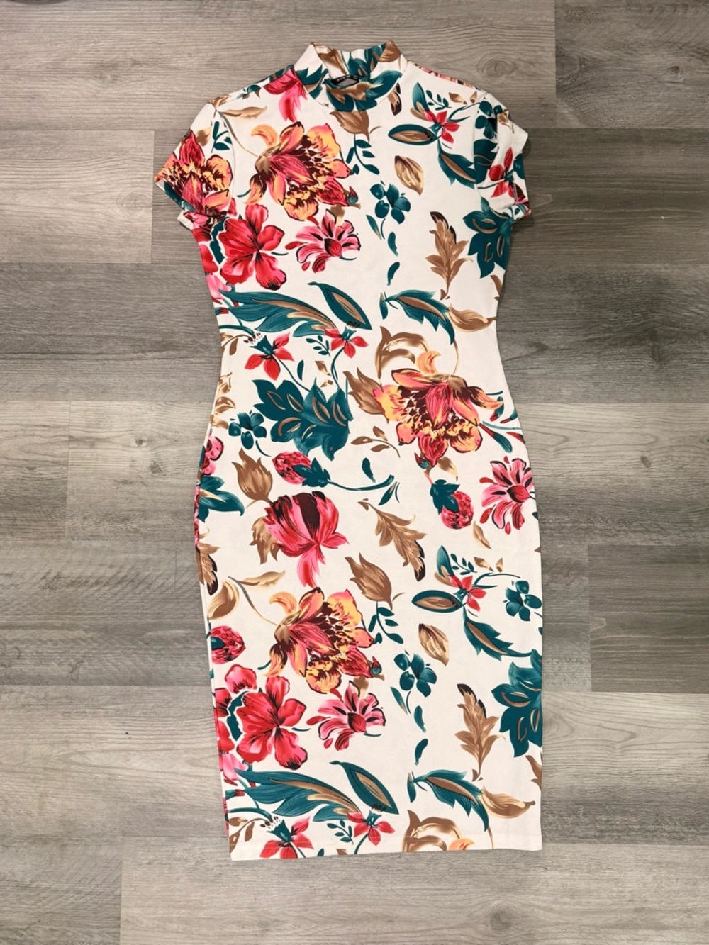 Floral Sheath Dress in Ivory with Teal & Coral Bloom